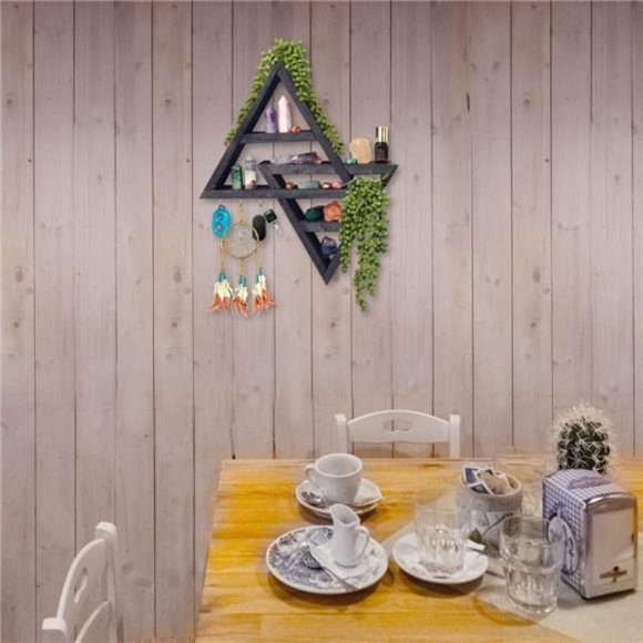 Moon Phase Triangle Shelf with Hooks - Rustic Moon Shelf for Crystals- Black - Picture 6 of 7